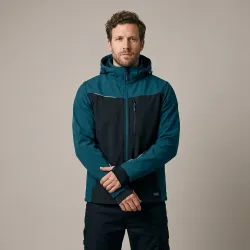 Kurtka softshell robocza wiatroszczelna wodoodporna — Comfort Plus petrol-czarna z wentylacją pod pachami i otworem na kciuk