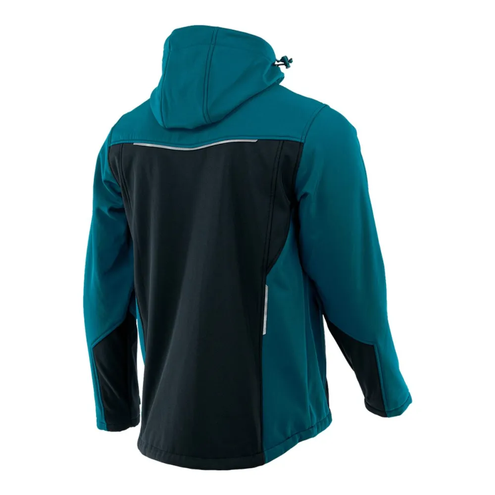 Kurtka softshell robocza wiatroszczelna wodoodporna — Comfort Plus petrol-czarna z wentylacją pod pachami i otworem na kciuk