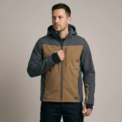Kurtka softshell robocza wiatroszczelna wodoodporna — Comfort Plus brązowo-grafitowa z wentylacją pod pachami i otworem na kciuk
