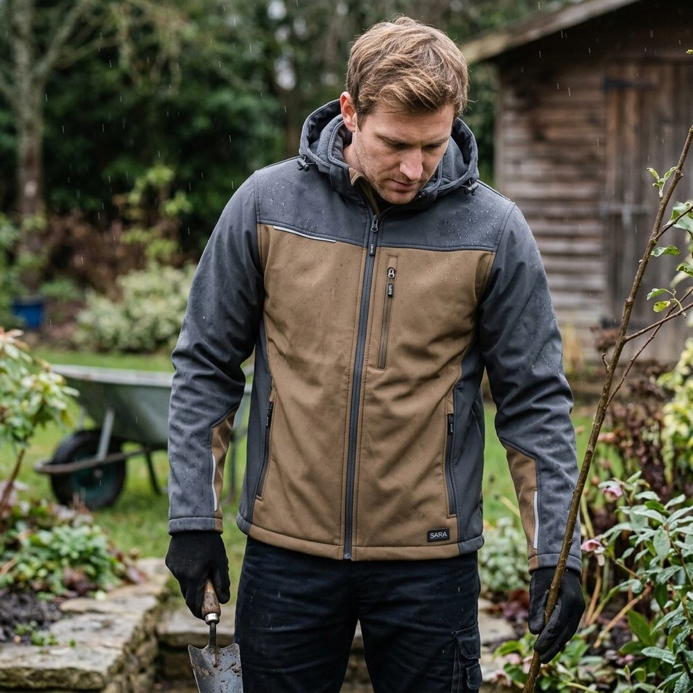 Kurtka softshell robocza wiatroszczelna wodoodporna — Comfort Plus brązowo-grafitowa z wentylacją pod pachami i otworem na kciuk