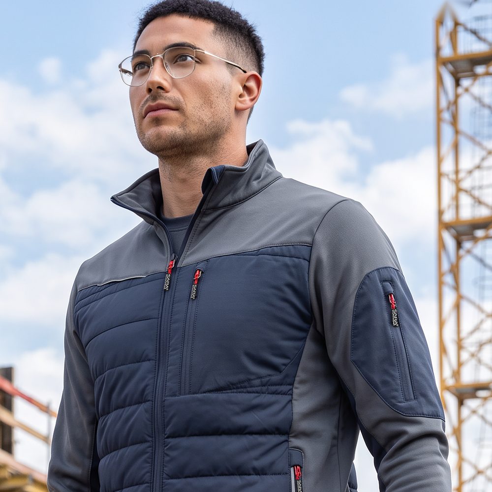 Bluza robocza hybrydowa Comfort Plus — pikowana z ociepleniem, stretch, granatowo-szara