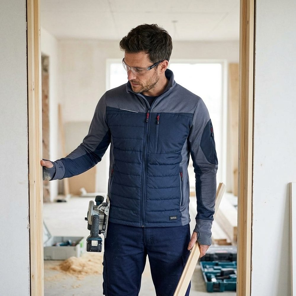 Bluza robocza hybrydowa Comfort Plus — pikowana z ociepleniem, stretch, granatowo-szara
