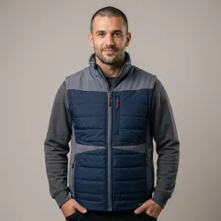 Kamizelka robocza pikowana hybrydowa Comfort Plus szaro-granatowa — softshellowe wstawki, kaptur w kołnierzu
