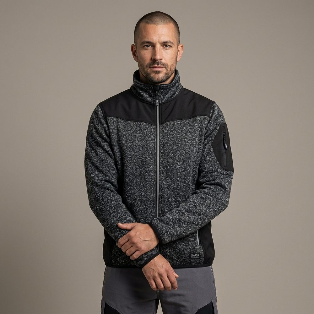Bluza robocza melanżowa Comfort Plus ciemnoszaro-czarna — dzianina z softshellem 475 g/m², stójka, zamki z odblaskiem