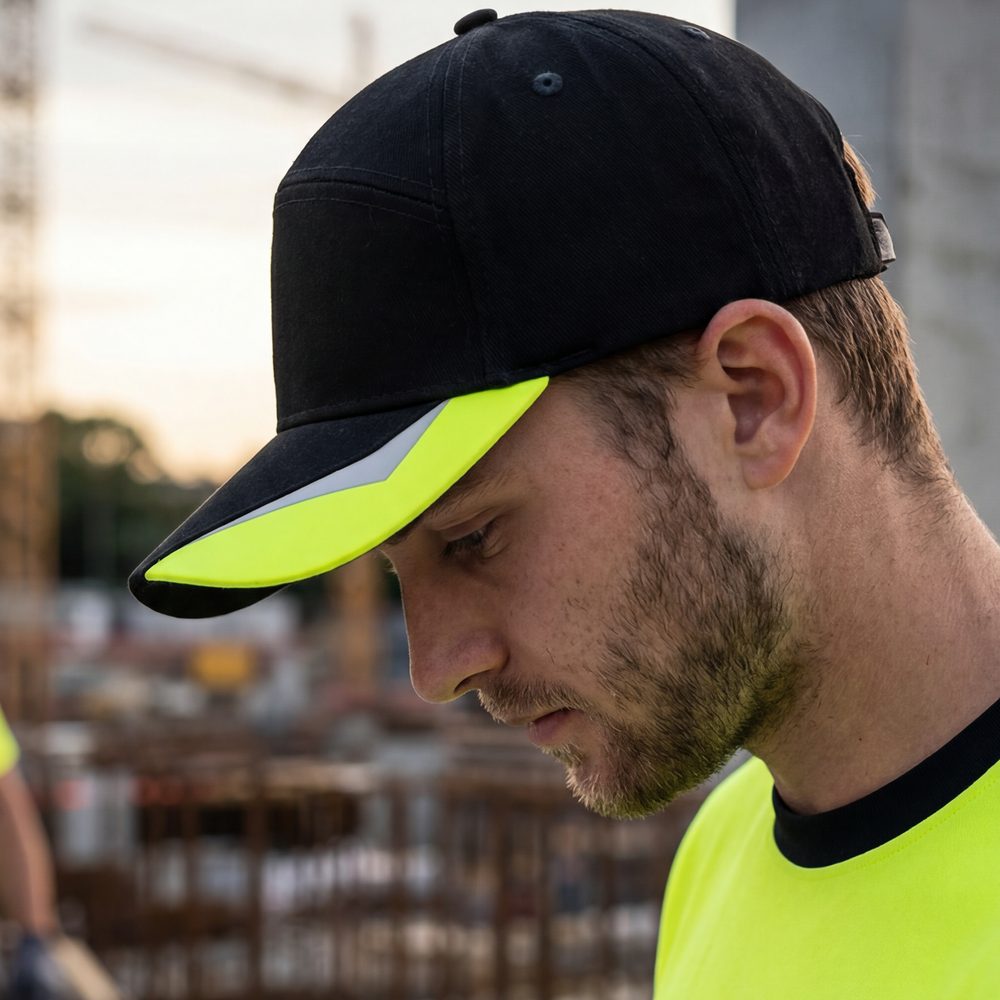 Czapka robocza z daszkiem Comfort Plus czarno-żółta — bawełna, otwory wentylacyjne, regulacja, odblaski