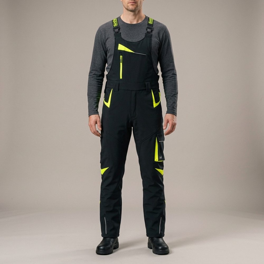 Ogrodniczki robocze zimowe ocieplane Comfort Winter czarno-żółte — softshell, elastyczne szelki, kieszeń na piersi