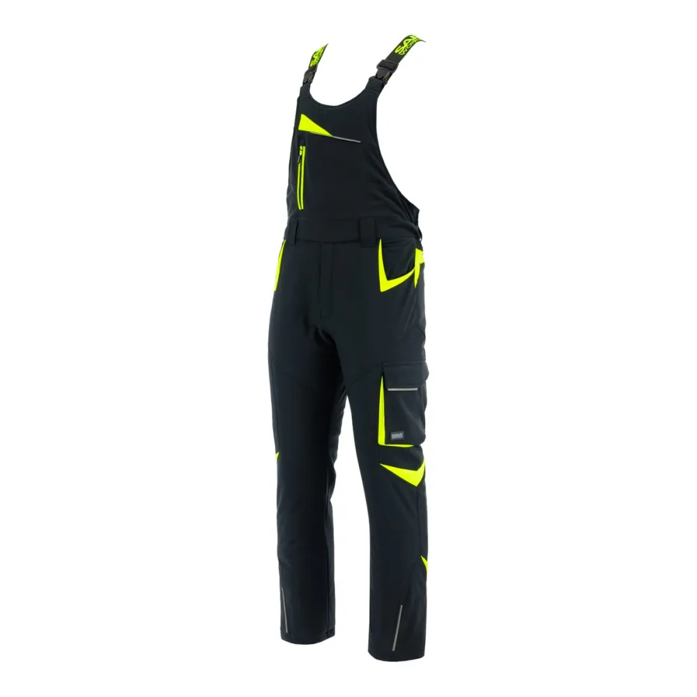 Ogrodniczki robocze zimowe ocieplane Comfort Winter czarno-żółte — softshell, elastyczne szelki, kieszeń na piersi