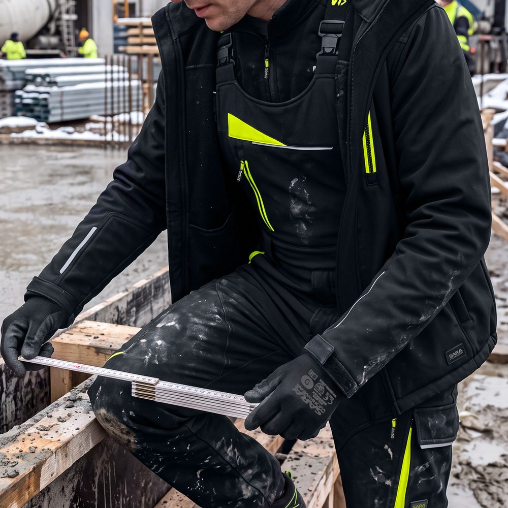 Ogrodniczki robocze zimowe ocieplane Comfort Winter czarno-żółte — softshell, elastyczne szelki, kieszeń na piersi
