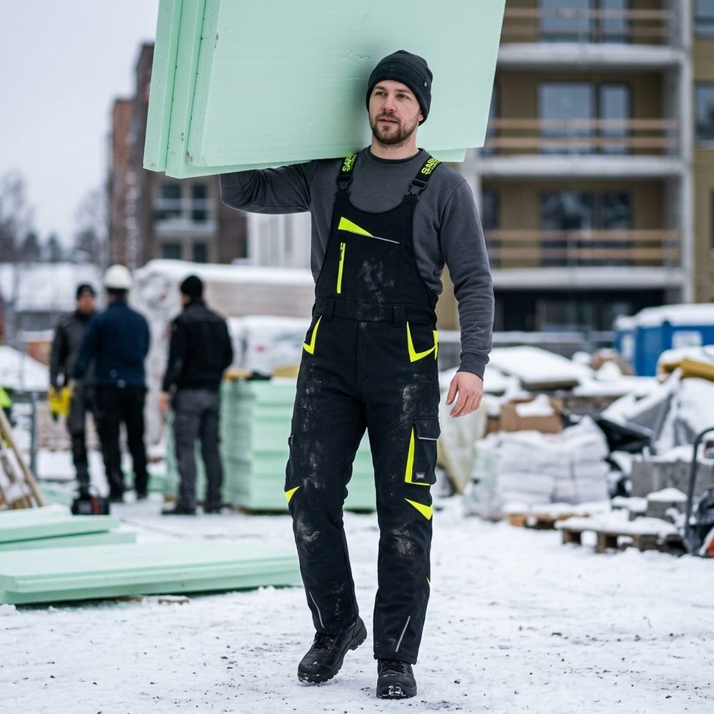 Ogrodniczki robocze zimowe ocieplane Comfort Winter czarno-żółte — softshell, elastyczne szelki, kieszeń na piersi