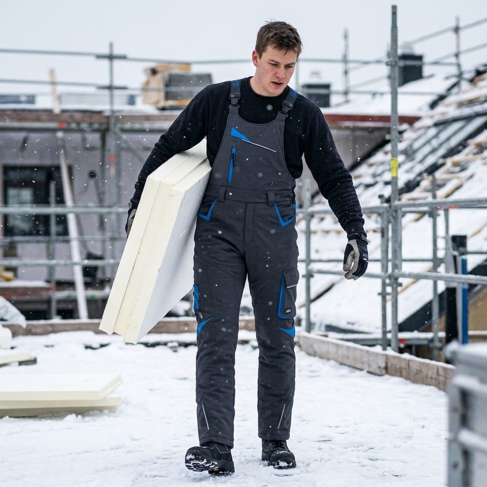Ogrodniczki robocze zimowe ocieplane Comfort Winter grafitowo-niebieskie — softshell, elastyczne szelki, kieszeń na piersi