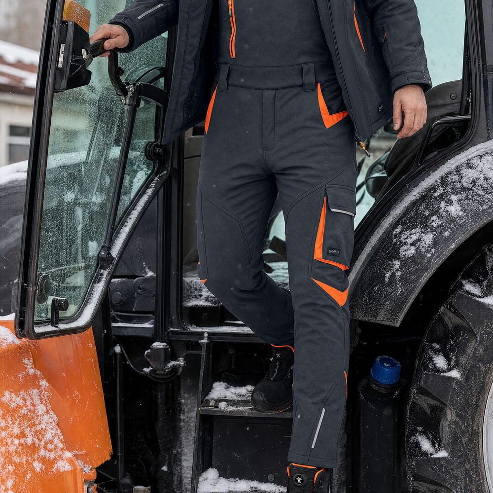 Ogrodniczki robocze zimowe ocieplane Comfort Winter grafitowo-pomarańczowe — softshell, elastyczne szelki, kieszeń na piersi