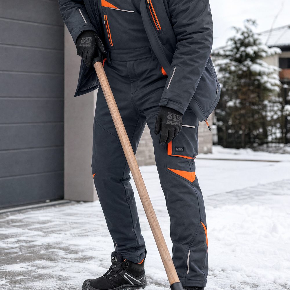 Ogrodniczki robocze zimowe ocieplane Comfort Winter grafitowo-pomarańczowe — softshell, elastyczne szelki, kieszeń na piersi