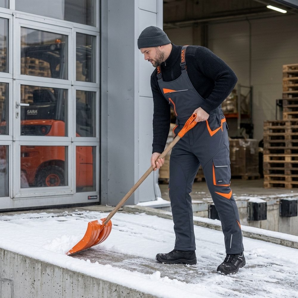 Ogrodniczki robocze zimowe ocieplane Comfort Winter grafitowo-pomarańczowe — softshell, elastyczne szelki, kieszeń na piersi