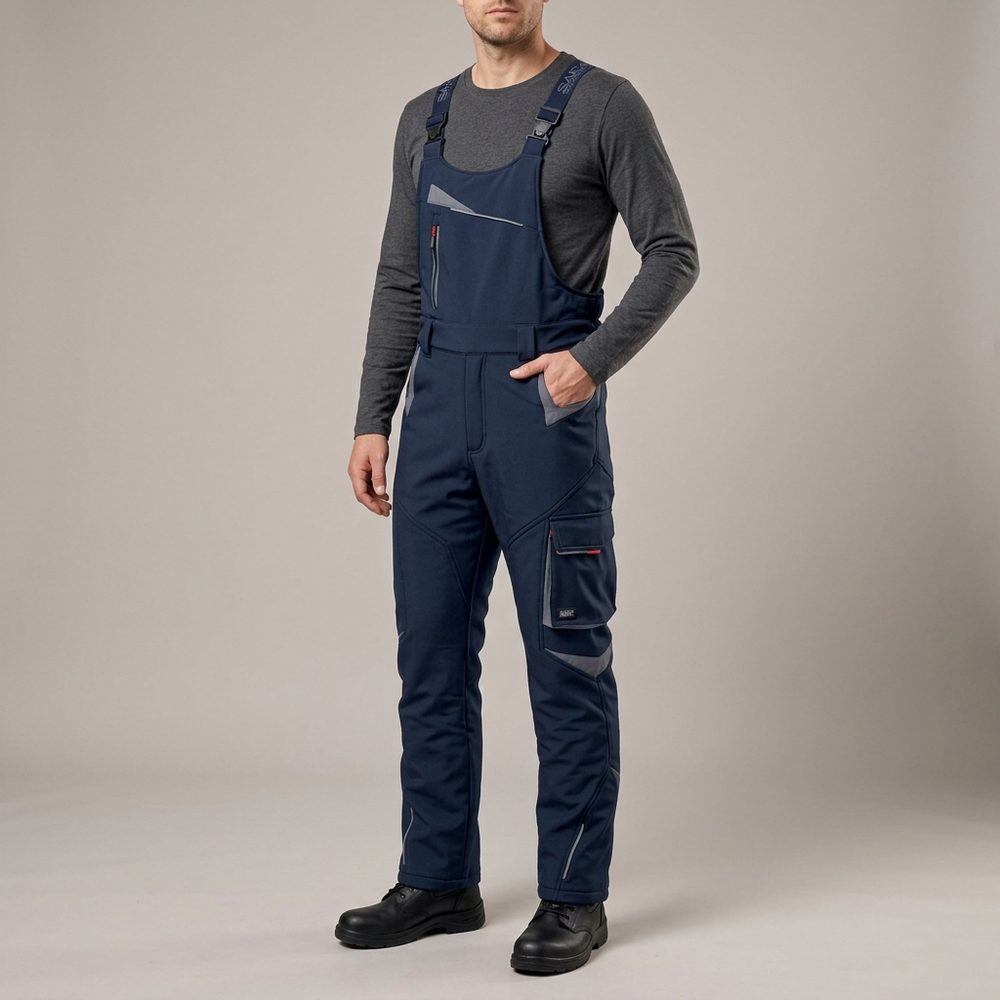 Ogrodniczki robocze zimowe ocieplane Comfort Winter granatowo-szare — softshell, elastyczne szelki, kieszeń na piersi