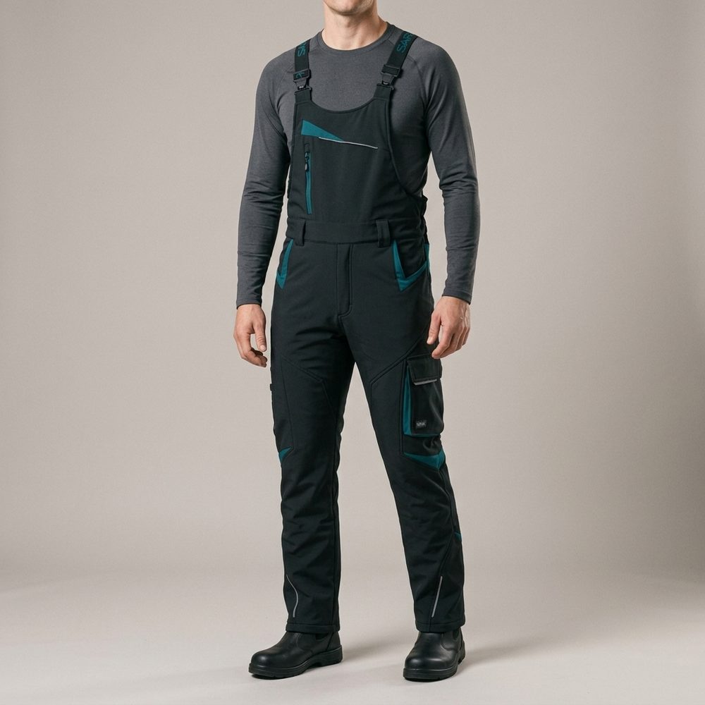 Ogrodniczki robocze zimowe ocieplane Comfort Winter czarno-petrolowe — softshell, elastyczne szelki, kieszeń na piersi