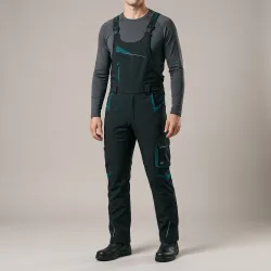 Ogrodniczki robocze zimowe ocieplane Comfort Winter czarno-petrolowe — softshell, elastyczne szelki, kieszeń na piersi