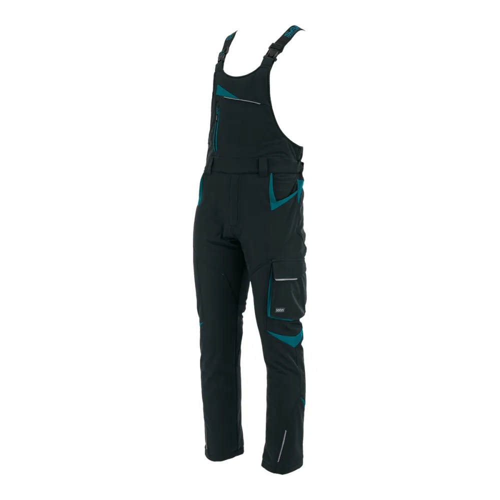 Ogrodniczki robocze zimowe ocieplane Comfort Winter czarno-petrolowe — softshell, elastyczne szelki, kieszeń na piersi