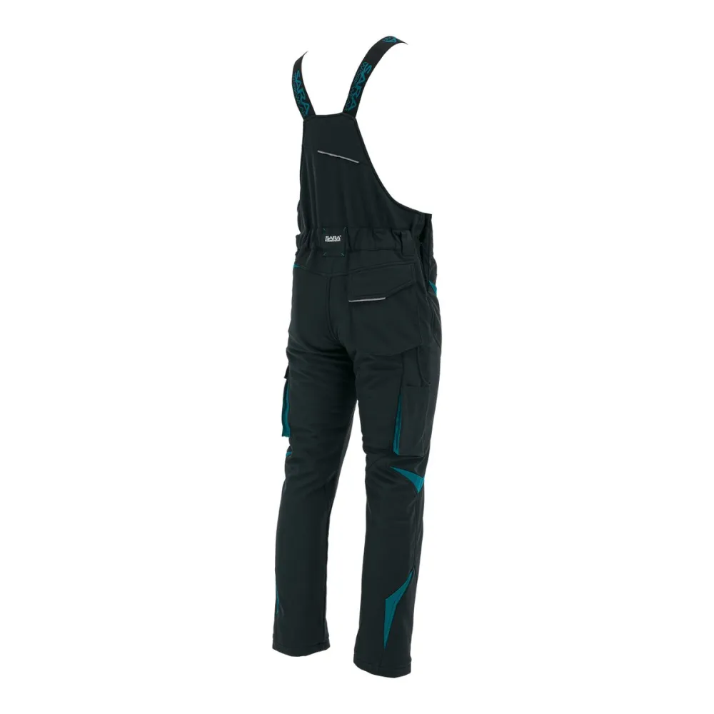 Ogrodniczki robocze zimowe ocieplane Comfort Winter czarno-petrolowe — softshell, elastyczne szelki, kieszeń na piersi