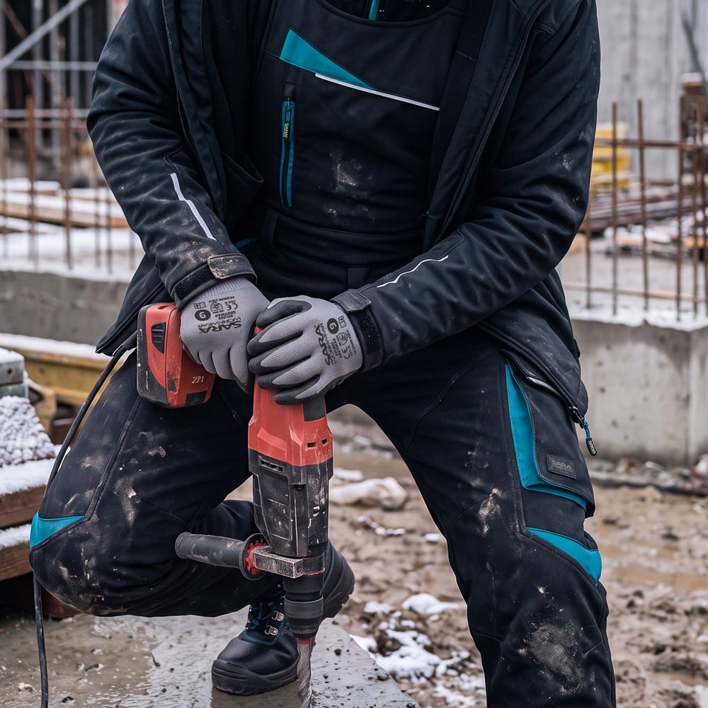 Ogrodniczki robocze zimowe ocieplane Comfort Winter czarno-petrolowe — softshell, elastyczne szelki, kieszeń na piersi