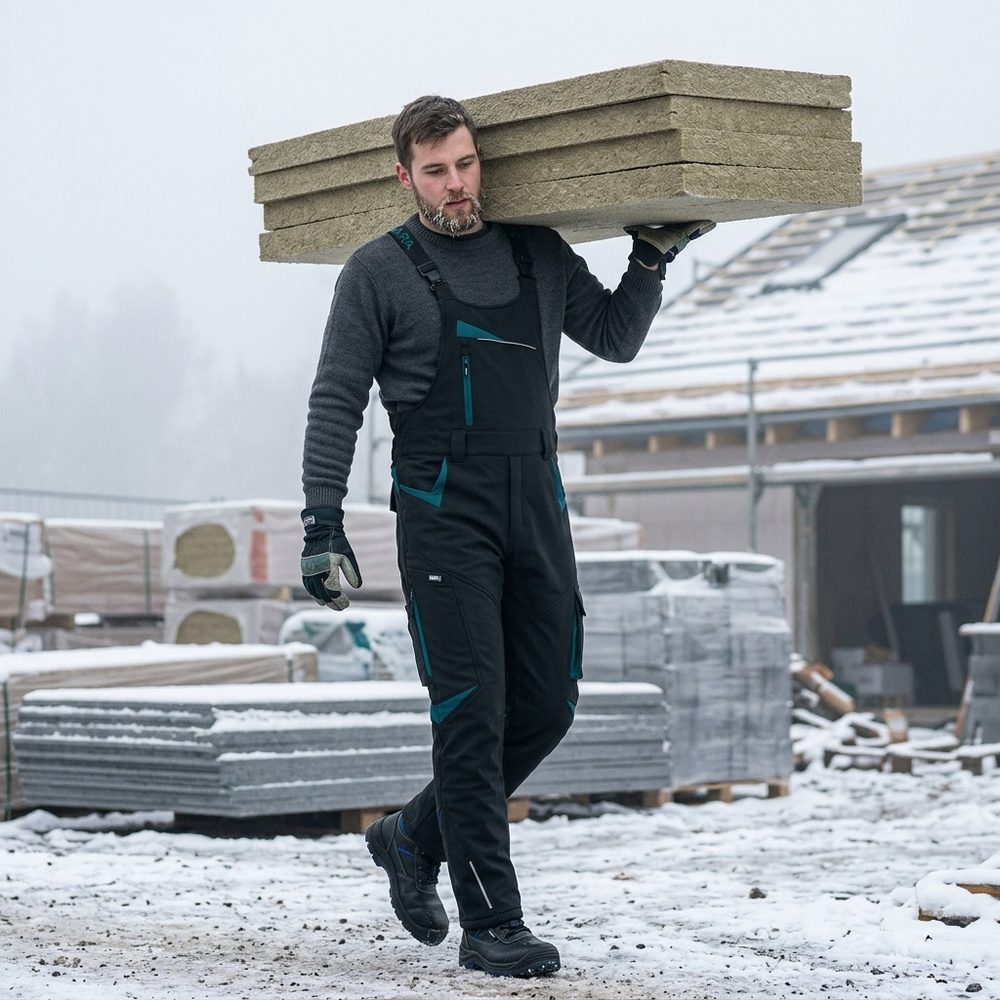 Ogrodniczki robocze zimowe ocieplane Comfort Winter czarno-petrolowe — softshell, elastyczne szelki, kieszeń na piersi