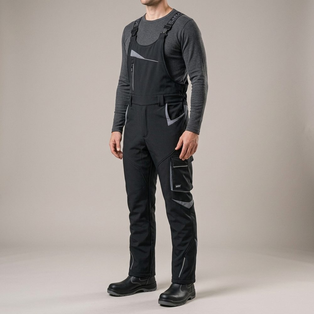 Ogrodniczki robocze zimowe ocieplane Comfort Winter czarno-szare — softshell, elastyczne szelki, kieszeń na piersi