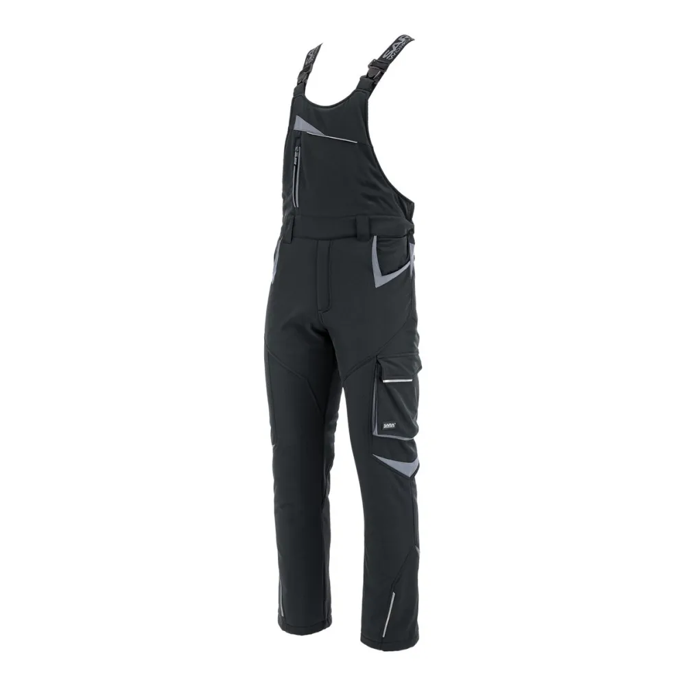 Ogrodniczki robocze zimowe ocieplane Comfort Winter czarno-szare — softshell, elastyczne szelki, kieszeń na piersi