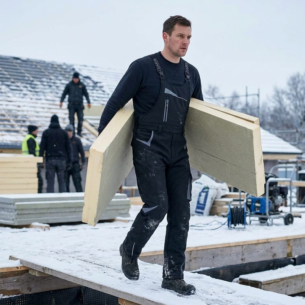 Ogrodniczki robocze zimowe ocieplane Comfort Winter czarno-szare — softshell, elastyczne szelki, kieszeń na piersi