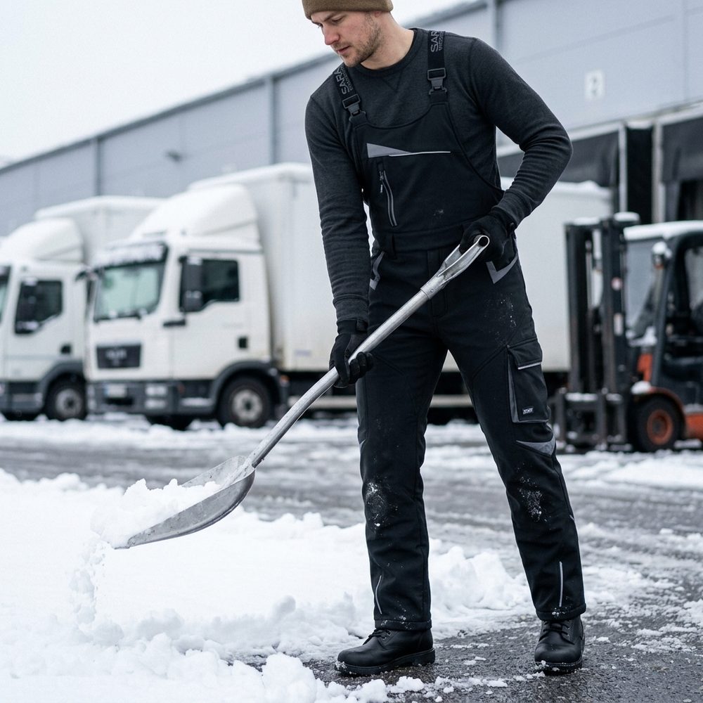 Ogrodniczki robocze zimowe ocieplane Comfort Winter czarno-szare — softshell, elastyczne szelki, kieszeń na piersi