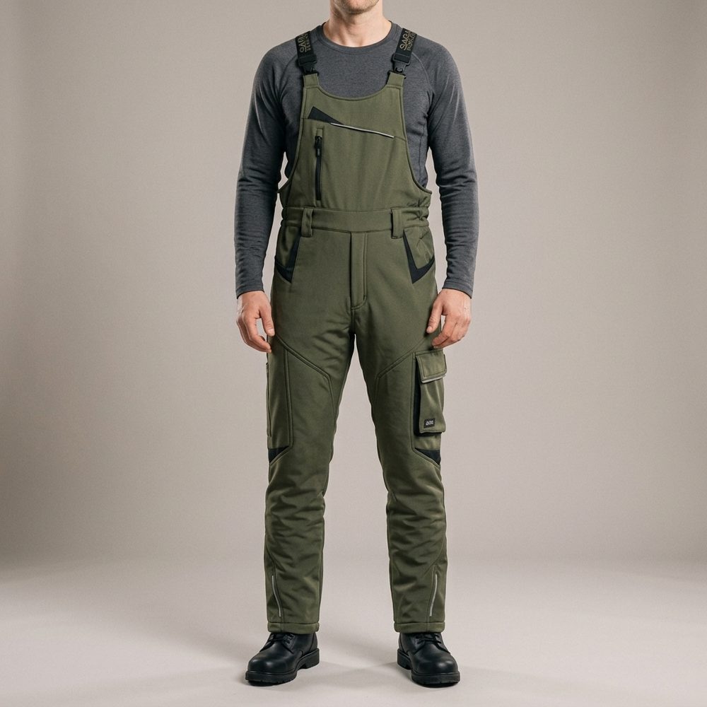 Ogrodniczki robocze zimowe ocieplane Comfort Winter oliwkowo-czarne — softshell, elastyczne szelki, kieszeń na piersi