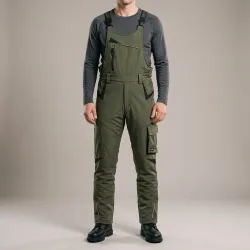 Ogrodniczki robocze zimowe ocieplane Comfort Winter oliwkowo-czarne — softshell, elastyczne szelki, kieszeń na piersi