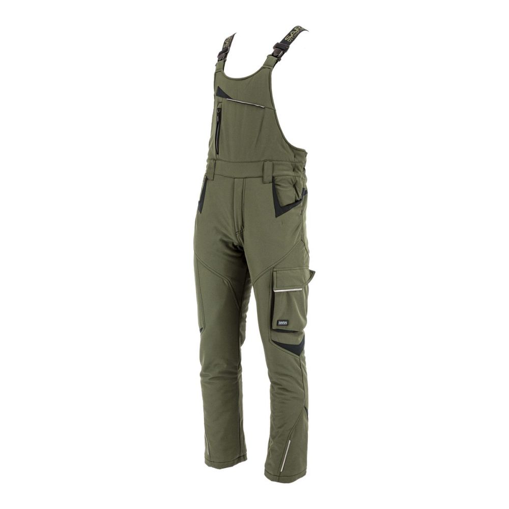 Ogrodniczki robocze zimowe ocieplane Comfort Winter oliwkowo-czarne — softshell, elastyczne szelki, kieszeń na piersi