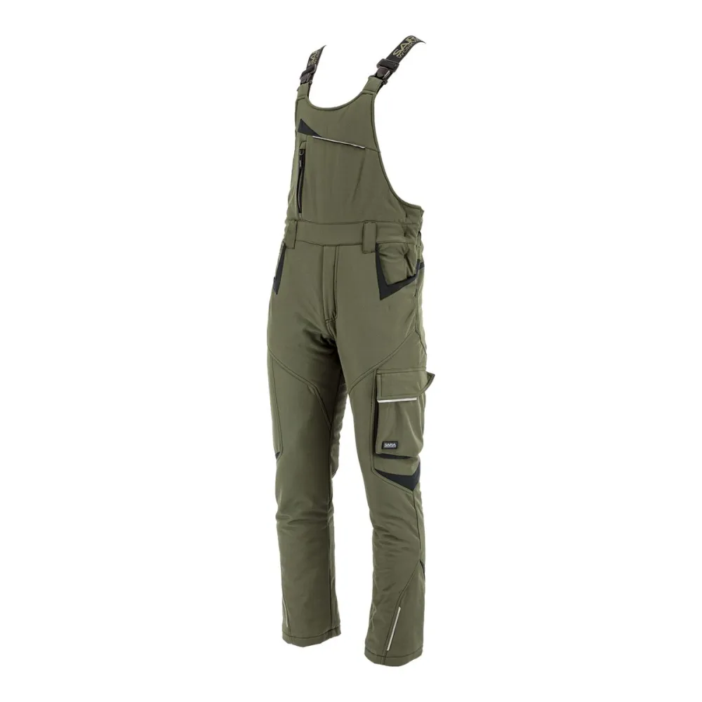 Ogrodniczki robocze zimowe ocieplane Comfort Winter oliwkowo-czarne — softshell, elastyczne szelki, kieszeń na piersi