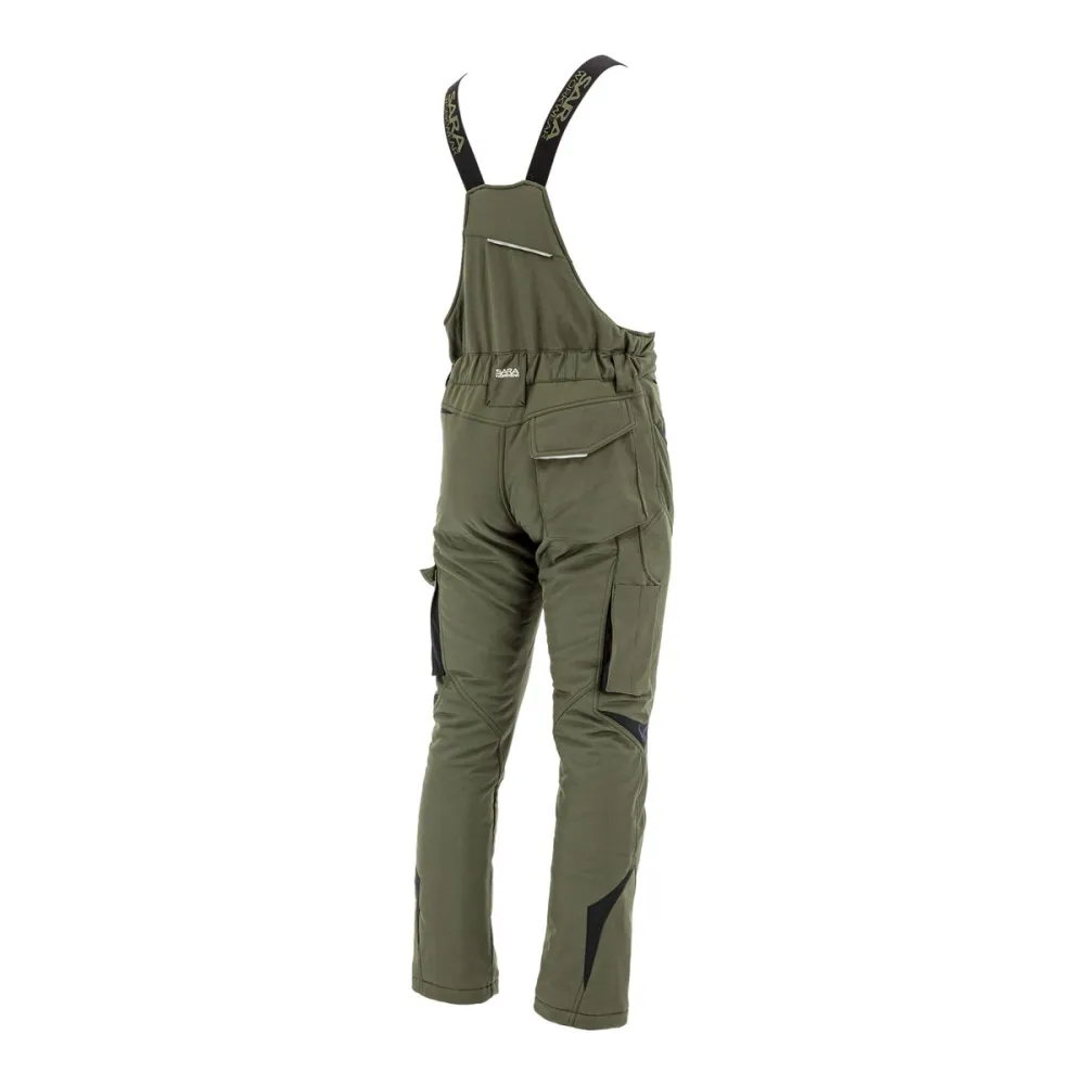 Ogrodniczki robocze zimowe ocieplane Comfort Winter oliwkowo-czarne — softshell, elastyczne szelki, kieszeń na piersi