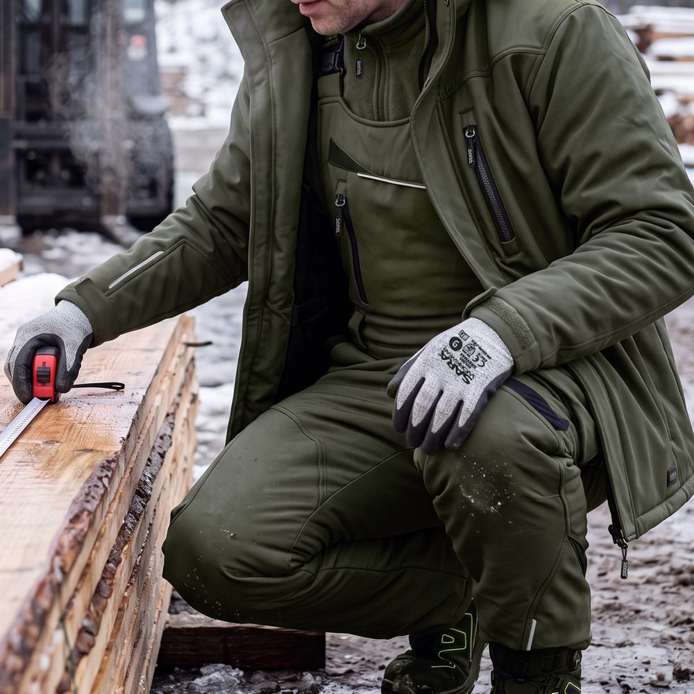Ogrodniczki robocze zimowe ocieplane Comfort Winter oliwkowo-czarne — softshell, elastyczne szelki, kieszeń na piersi