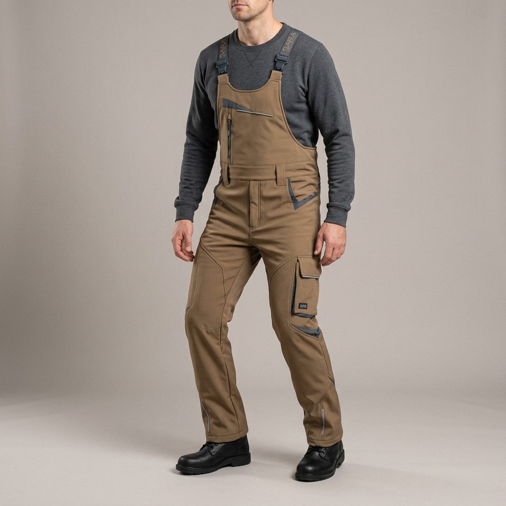 Ogrodniczki robocze zimowe ocieplane Comfort Winter brązowo-grafitowe — softshell, elastyczne szelki, kieszeń na piersi