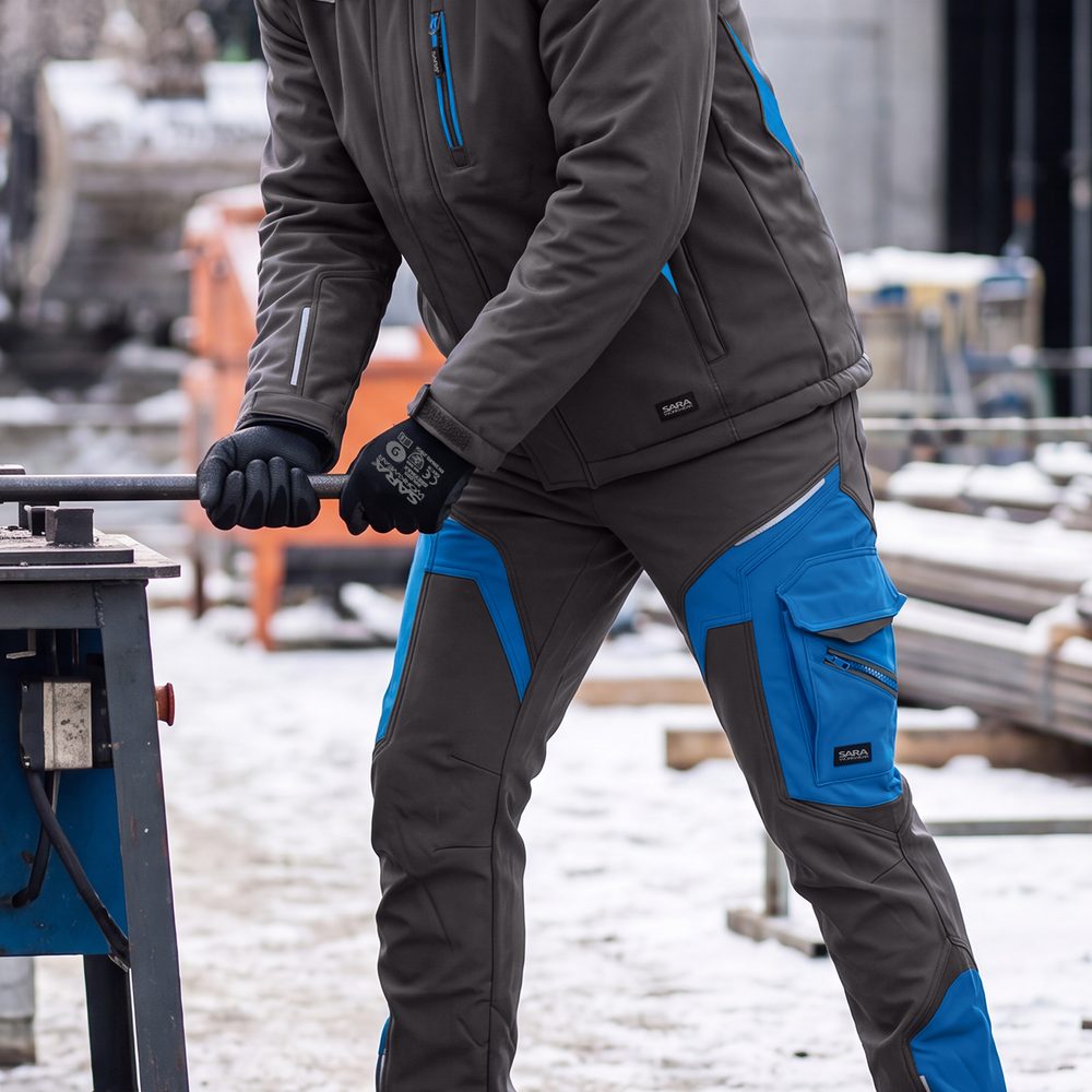 Spodnie robocze softshell Comfort Winter — grafitowo-niebieskie, wiatroszczelne, wodoodporne 350 g/m², zamki