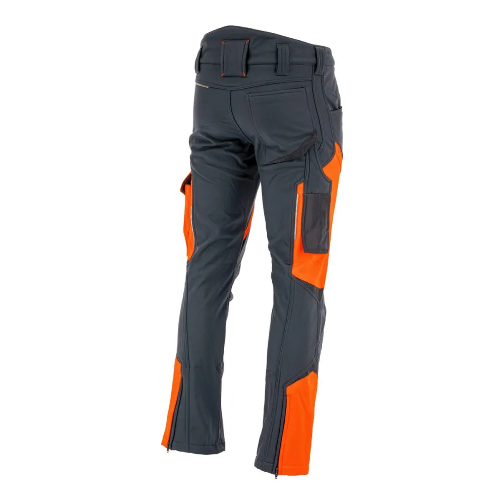Spodnie robocze softshell Comfort Winter — grafitowo-pomarańczowe, wiatroszczelne, wodoodporne 350 g/m², zamki