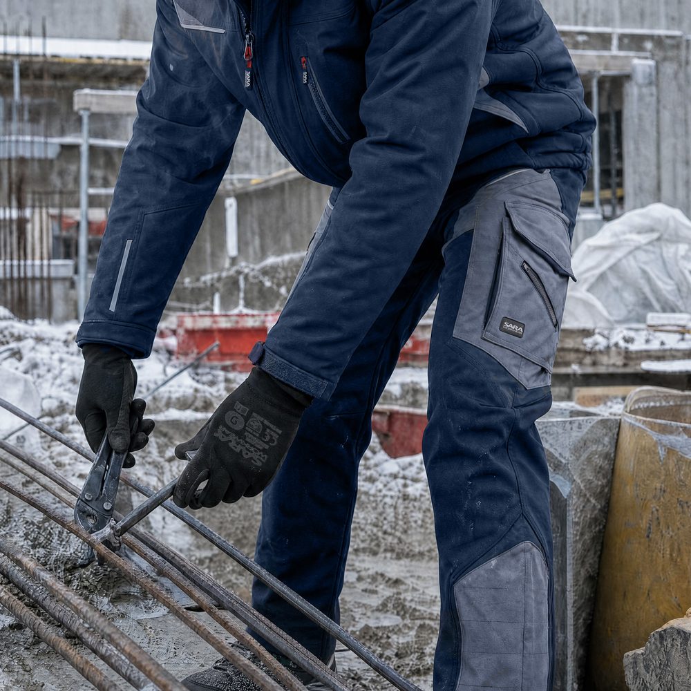 Spodnie robocze softshell Comfort Winter — granatowo-szare, wiatroszczelne, wodoodporne 350 g/m², zamki