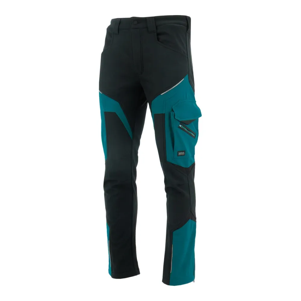 Spodnie robocze softshell Comfort Winter — czarno-petrolowe, wiatroszczelne, wodoodporne 350 g/m², zamki