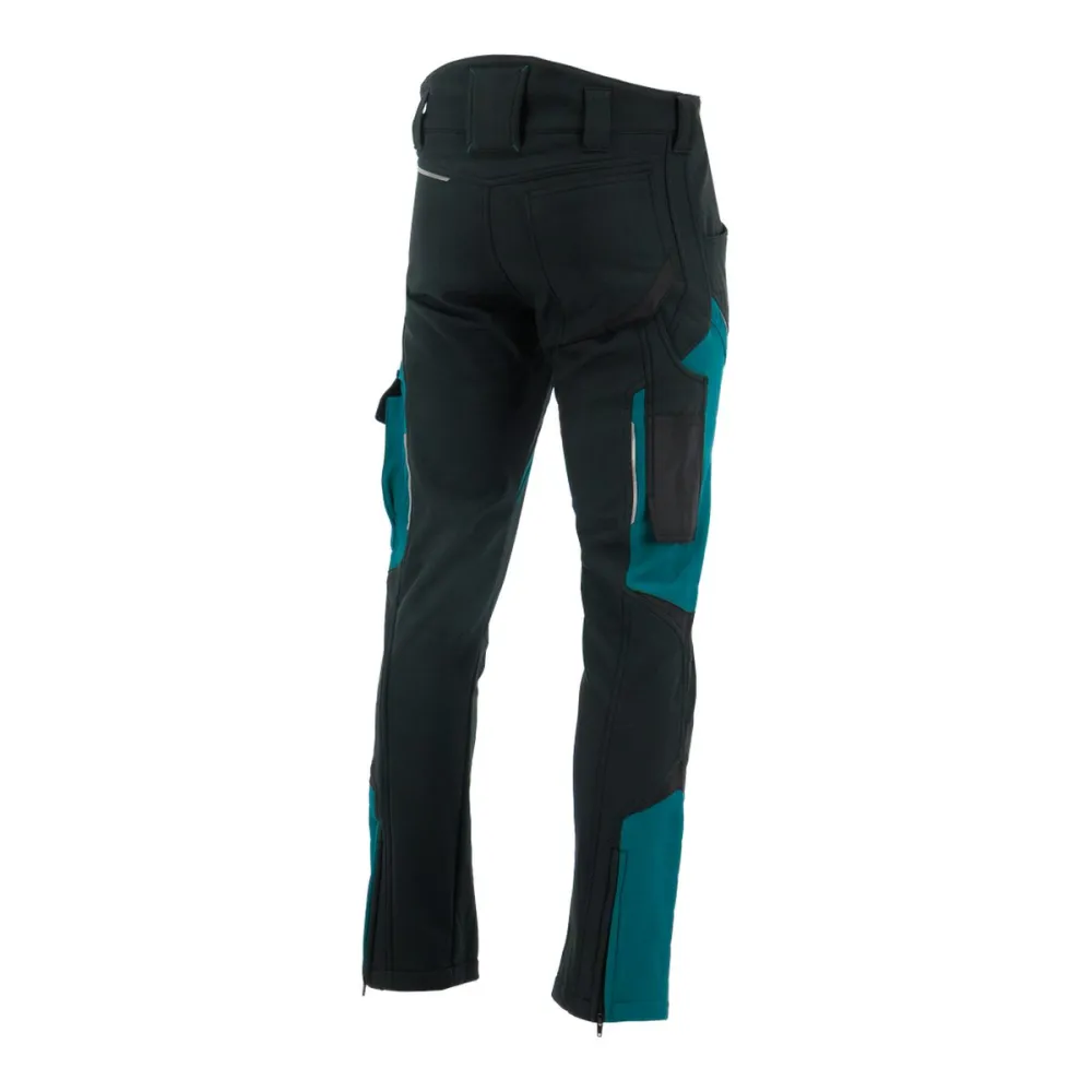 Spodnie robocze softshell Comfort Winter — czarno-petrolowe, wiatroszczelne, wodoodporne 350 g/m², zamki