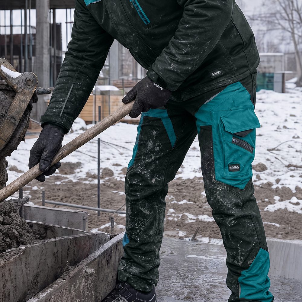 Spodnie robocze softshell Comfort Winter — czarno-petrolowe, wiatroszczelne, wodoodporne 350 g/m², zamki