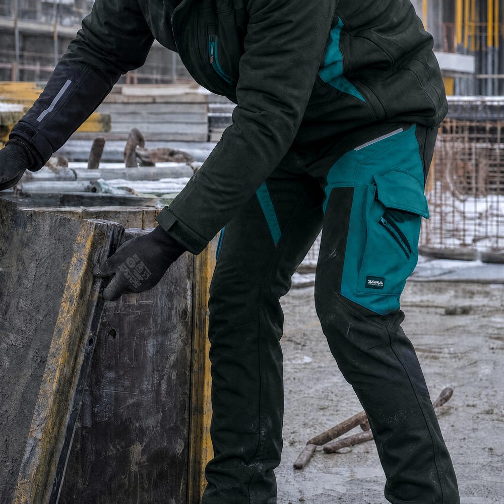 Spodnie robocze softshell Comfort Winter — czarno-petrolowe, wiatroszczelne, wodoodporne 350 g/m², zamki