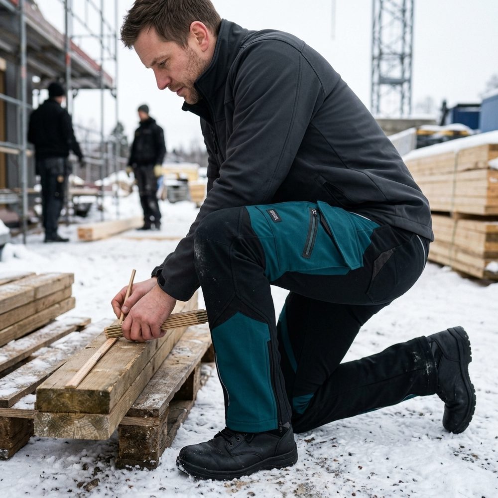 Spodnie robocze softshell Comfort Winter — czarno-petrolowe, wiatroszczelne, wodoodporne 350 g/m², zamki
