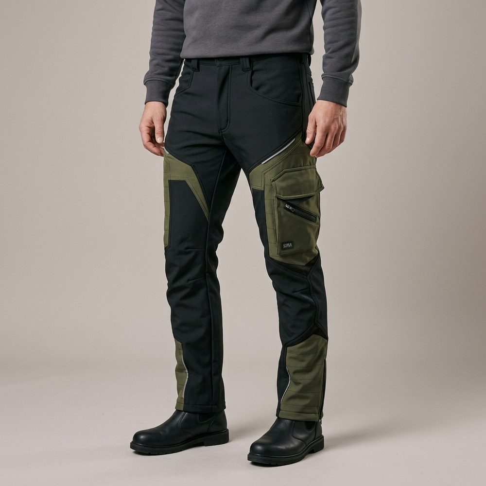 Spodnie robocze softshell Comfort Winter — czarno-oliwkowe, wiatroszczelne, wodoodporne 350 g/m², zamki