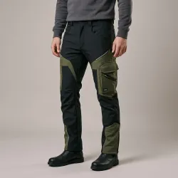 Spodnie robocze softshell Comfort Winter — czarno-oliwkowe, wiatroszczelne, wodoodporne 350 g/m², zamki