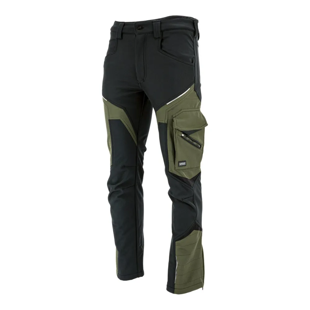 Spodnie robocze softshell Comfort Winter — czarno-oliwkowe, wiatroszczelne, wodoodporne 350 g/m², zamki