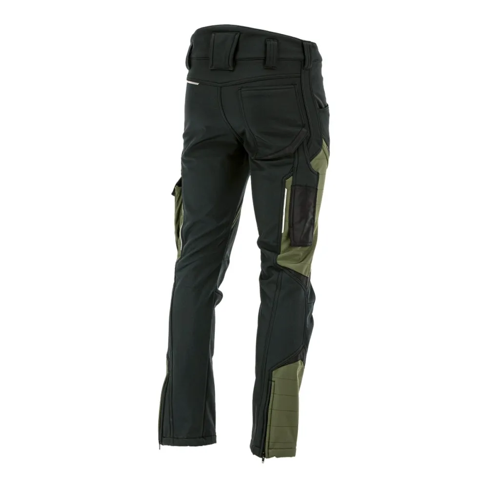 Spodnie robocze softshell Comfort Winter — czarno-oliwkowe, wiatroszczelne, wodoodporne 350 g/m², zamki