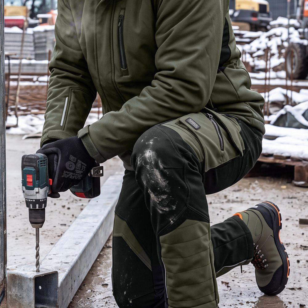 Spodnie robocze softshell Comfort Winter — czarno-oliwkowe, wiatroszczelne, wodoodporne 350 g/m², zamki