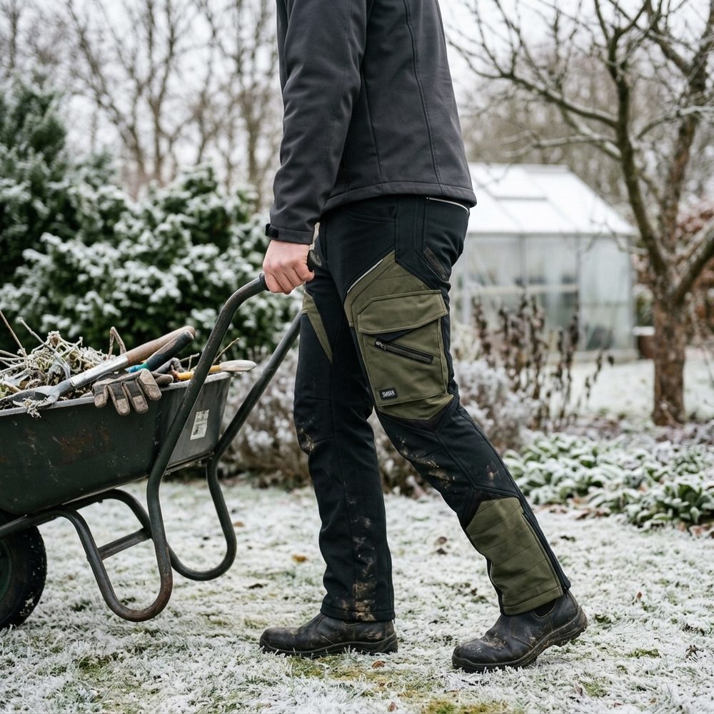 Spodnie robocze softshell Comfort Winter — czarno-oliwkowe, wiatroszczelne, wodoodporne 350 g/m², zamki