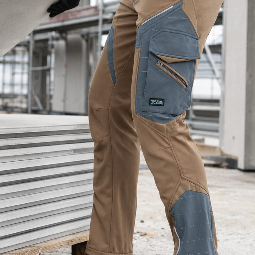 Spodnie robocze softshell Comfort Winter — brązowo-grafitowe, wiatroszczelne, wodoodporne 350 g/m², zamki